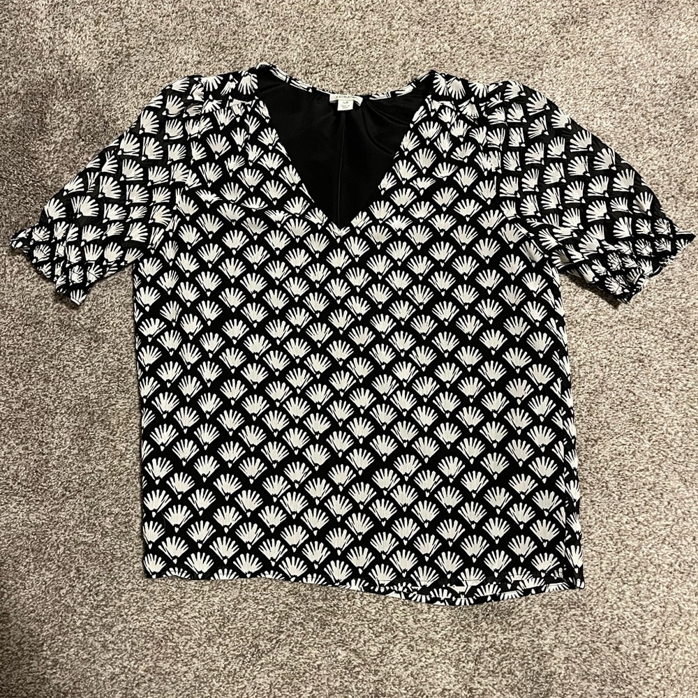 J. Crew Black and White Patterned V-Neck Blouse